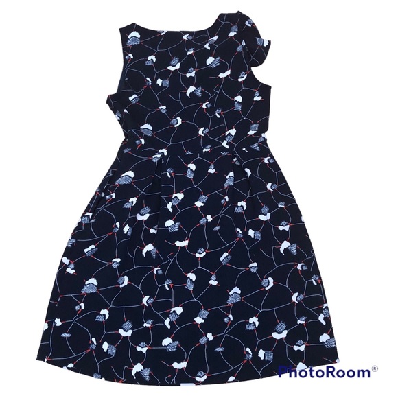 RW&CO Navy Print Fit and Flare Bow on shoulder Dress size 4 - Picture 2 of 10